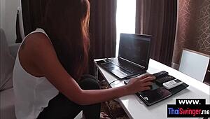 pizza delivery turns nasty in roleplay with my thai wife, her natural tits bouncing as she gives a wild blowjob.