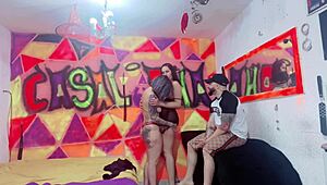 Intriguing threesome: husband and wife share girlfriend in wild fuck