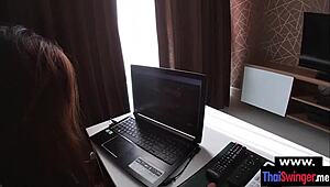 pizza delivery turns nasty in roleplay with my thai wife, her natural tits bouncing as she gives a wild blowjob.