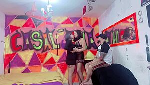 Intriguing threesome: husband and wife share girlfriend in wild fuck