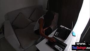 pizza delivery turns nasty in roleplay with my thai wife, her natural tits bouncing as she gives a wild blowjob.