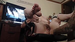 My wife has wild orgasms with toys and bondage at home.