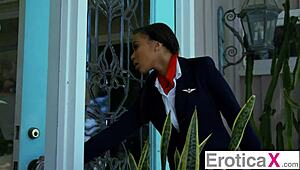 sexy flight attendant nicole bexley gets spitroasted by bestie in eroticax scene