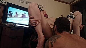 My wife has wild orgasms with toys and bondage at home.