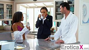 sexy flight attendant nicole bexley gets spitroasted by bestie in eroticax scene