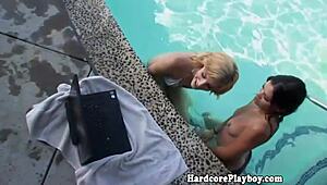 Beautiful Petite Lesbians Tease by the Pool in Steamy Play