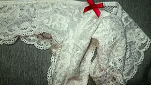 My friend's rich pussy gets a cumshot in her favorite white thong after lingerie masturbation.