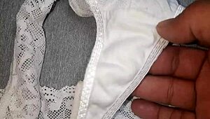 My friend's rich pussy gets a cumshot in her favorite white thong after lingerie masturbation.