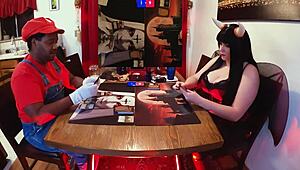 jane plays magic 7 with lord of the rings cosplay at desk