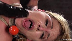 Busty lady with clamped nipples tormented in rough bondage. Her tied-up body endured bizarre fucking.