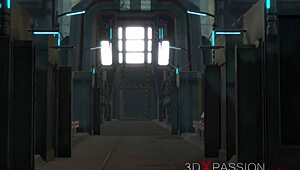 super busty girl cuffed and getting deepthroat from sex machine in sci-fi setup, shaved and hairless