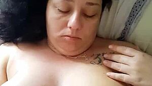 friend gives handjob, cum on natural tits
