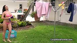 Laundry Day Deepthroat with Big Tit Neighbor! Wow!