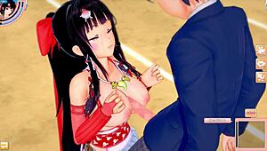 Anime miko swordsman gets big tits massaged and sucked