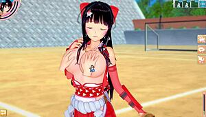 Anime miko swordsman gets big tits massaged and sucked