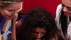 hey, those uniformed british dommes are sucking black cock in cfnm group! 😜