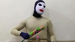 slave in zentai gets femdom cbt on penis