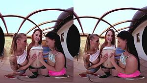 three redheads ride and doggystyle on desk in hardcore pov!