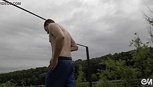 Watch the guy next door strip naked and cum outdoors!