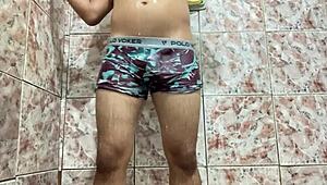 Hard cock jerks off under tight underwear