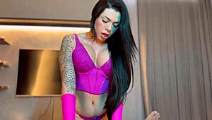 tattooed brunette gives blowjob and takes facial cumshot in pov