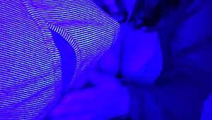 Rgb light blowjob by busty Asian with massive cumshot on boobs
