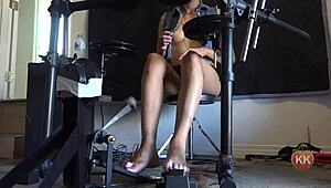 drummer uses pedal pump on feet