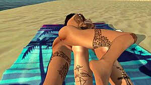 k and p get wild with intense lesbian action on the beach!