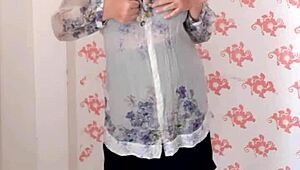 Mariaold milf teases with natural big tits in black stockings and high heels