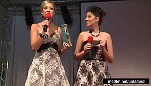 Female and male strippers tease crowd with erotic dance moves