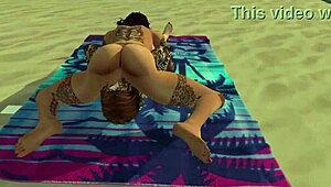 k and p get wild with intense lesbian action on the beach!