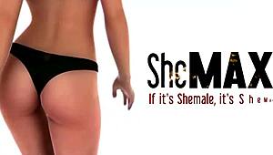 Adorable tattooed ladyboy jerks huge shecock in closeup view.