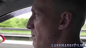 Inked babe sucks pornstar Brit Luke Hardy