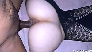 I'm a horny blonde teen 18+ with tight pussy fucking a big black cock in my friend's bed while bent over in lingerie.