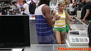 ebony babe cuckolds boyfriend in pawnshop