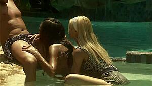 Two hot pool babes with perfect tits compete to see who fucks better