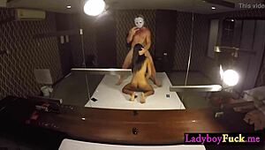 Slender asian ladyboy gan sucking white penis before hardcore anal sex