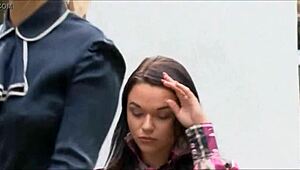 Lesbians mix pee and cum in outdoor clothed sex. Cum drips everywhere.