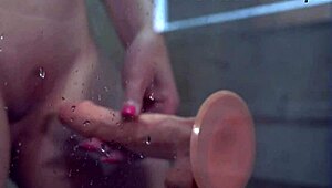 babe sucks dildo and fucks herself in shower orgasm