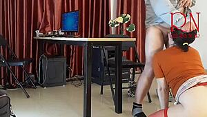 Amateur milf in office without panties teases with pussy licking and dick sucking