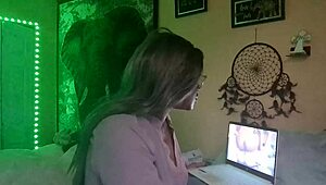 Naejae Rubs Twat Watching Lesbian Porn