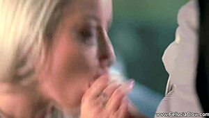 Blonde milf savors the sweet taste of cum on her lips after blowjob