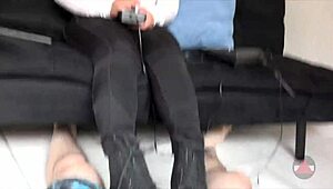 asian amateur teases with boots on cock and balls in pov footjob