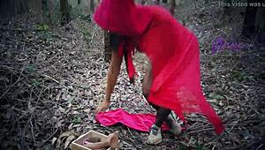 Tatiana Morales as Little Red Riding Hood gets lost in the forest, where the wolf fucks her ass, mouth, and cums.