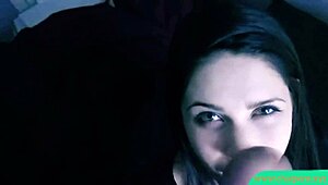 The guy has this beautiful brunette giving a blowjob and cumming on her face