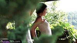 glamcore beauty feels deep emotions while riding lover's cock outdoors with blowjob passion