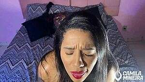 Latina Brunette Sucks Dildo in POV, Cum in Mouth, Red Sheer Outfit.