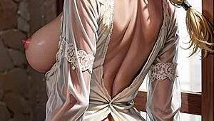 Busty blonde teases in white lace underwear.