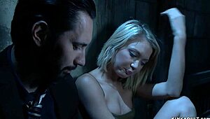 Suspended Blonde Endures Rough Deep Throat Fucking