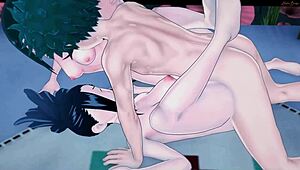 Deku fucks Momo and Tsuyu in threesome